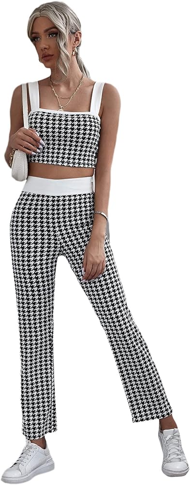 Milumia Women's Two Piece Outfit Houndstooth Plaid Crop Tank Top and Pants Set