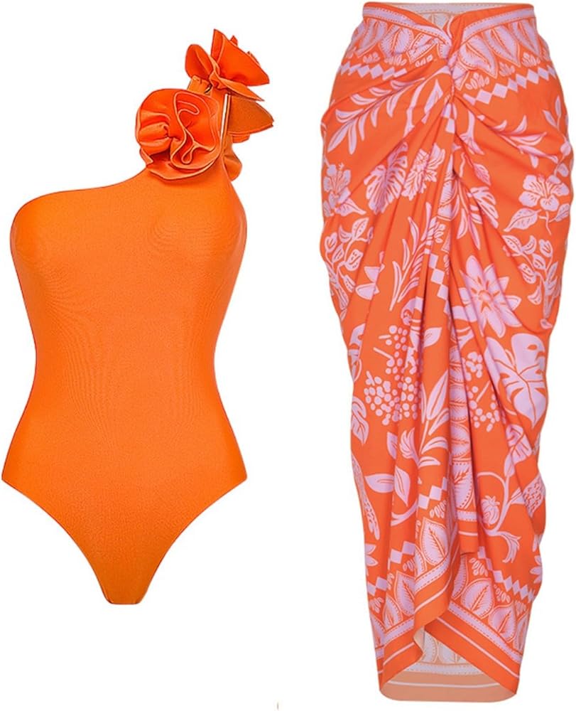 Women's 2 Pieces Sarong Swimsuit Set Sleeveless Floral Print Swimwear with Cover Up Bathing Suits Beachwear