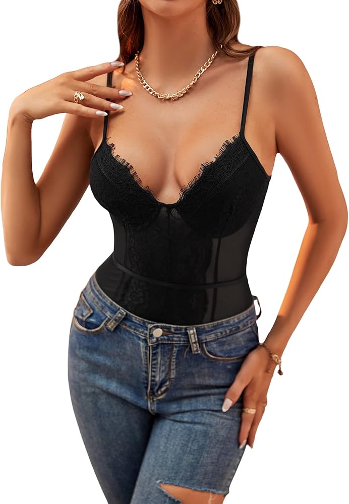 SHENHE Women's Floral Lace Spaghetti Strap Sleeveless Bustier Cami Bodysuit Tops Black Tall XL