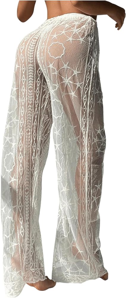 GORGLITTER Women's Boho Print Sheer Mesh Swim Cover Up Pants Elastic Waist See Through Swimsuit Cover Ups