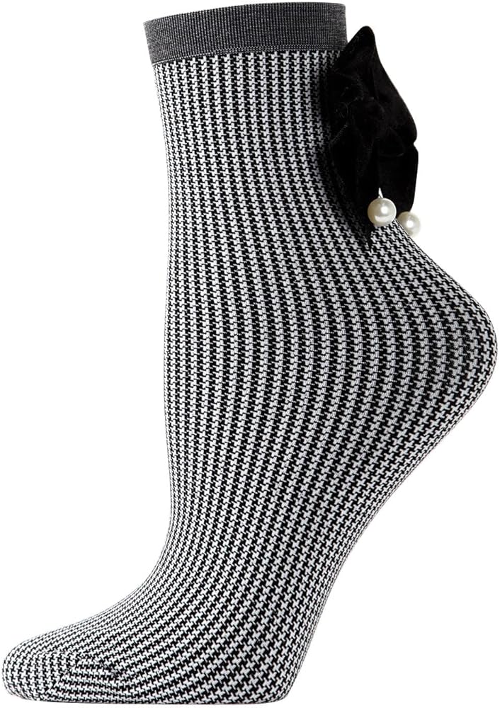 MeMoi Women's Houndstooth Faux Pearl Bow Accent Anklet Sock