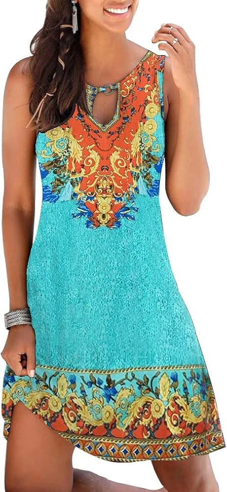 ETCYY NEW Beach Dresses for Women 2024 Trendy Boho Floral Print Sundresses Sleeveless Beach Cover Up Dress with Pockets