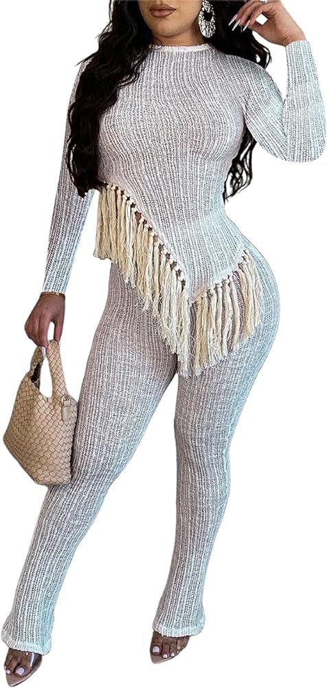 Women's 2 Piece Outfits Rib Knit Long Sleeve Tassels Pullover Elastic Waist Pants Set Sweatsuits