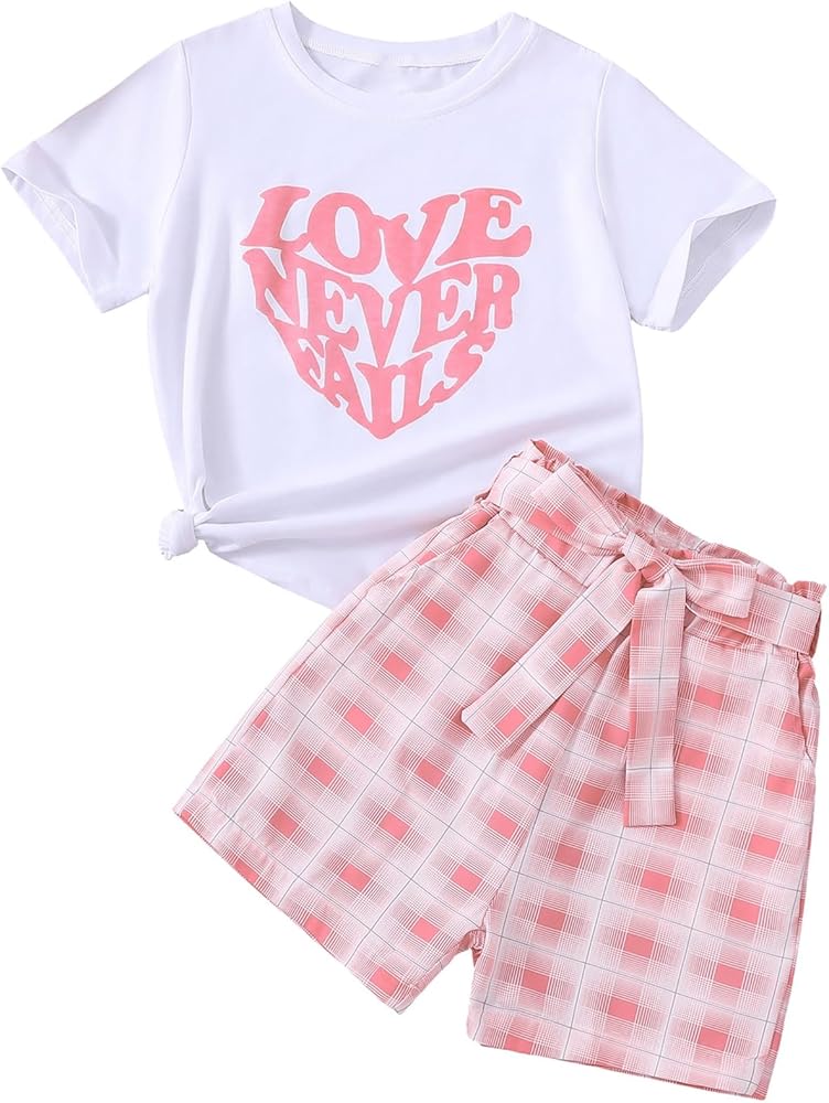 SweatyRocks Girl's 2 Piece Outfit Letter Print Crew Neck Tee Top and Plaid Print Shorts Clothing Set