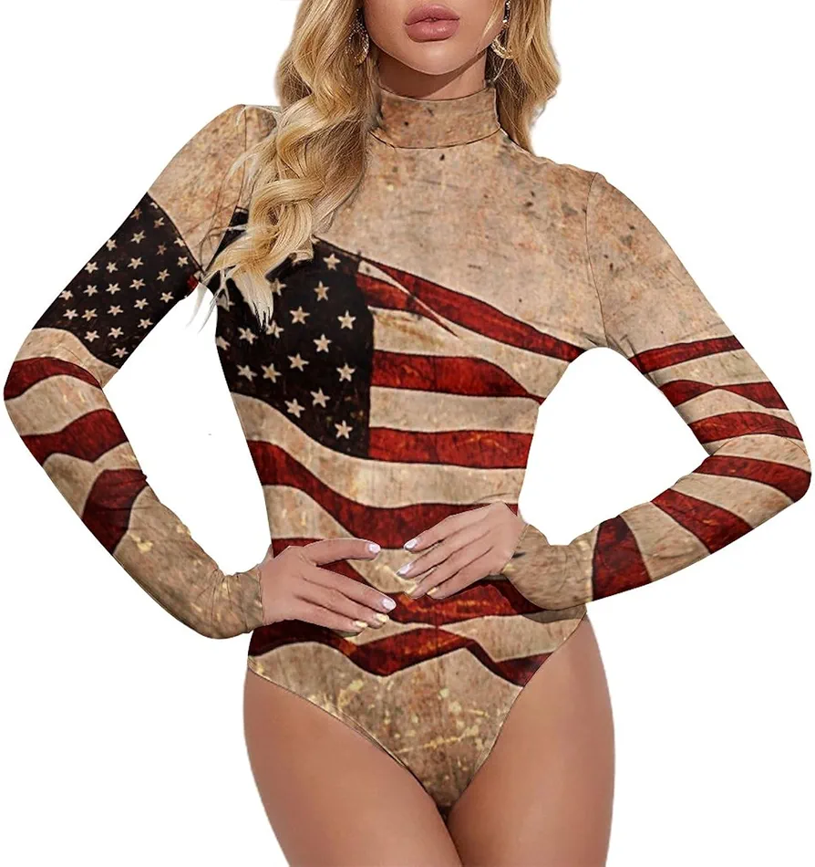 Retro, American Flag Women's Mock Turtle Neck Long Sleeve Tops Bodysuit Jumpsuit M