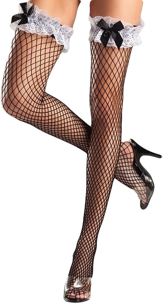 Women's Diamond Net Thigh Highs With Ruffle Lace Top & Satin Bow