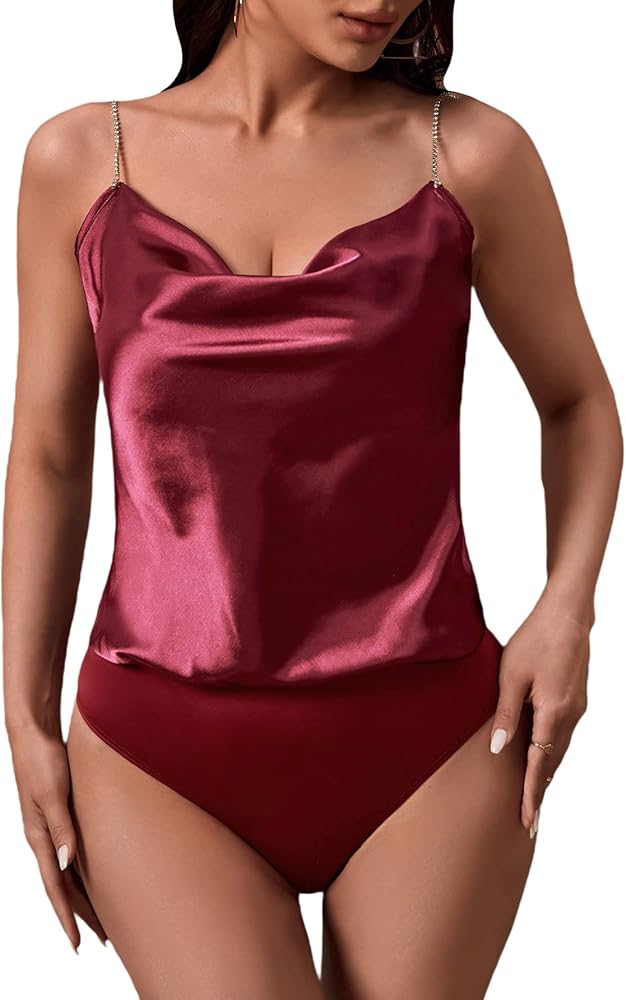 MakeMeChic Women's Satin Slik Rhinestone Straps Cowl Neck Bodysuit Cami Top