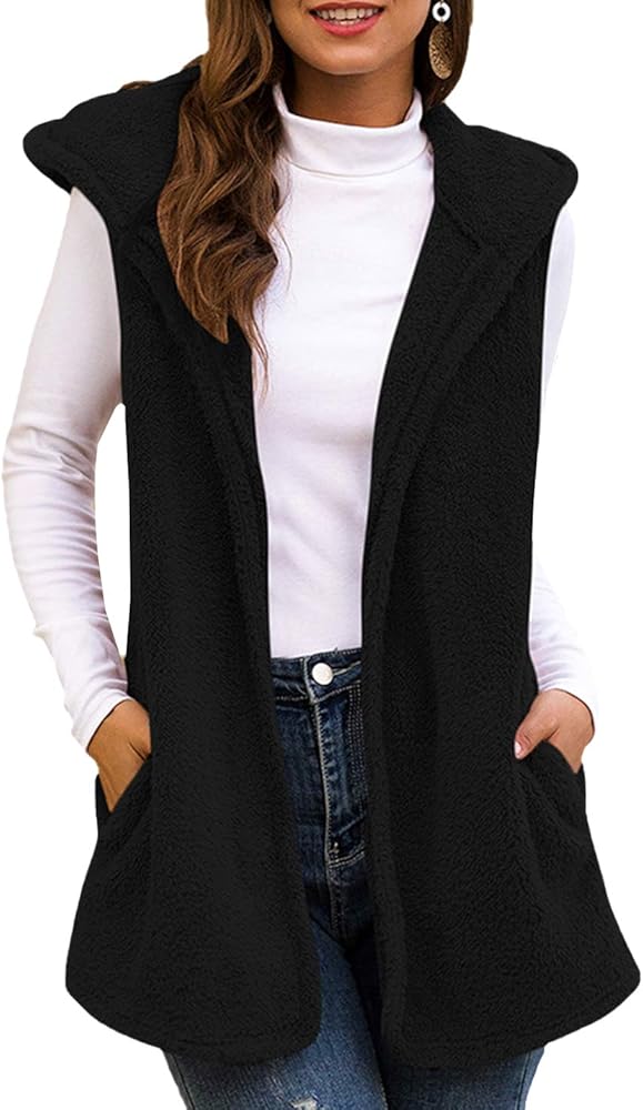 Flygo Women's Sleeveless Sherpa Vest Open Front Hooded Fleece Jackets Hooded Coat Cardigan with Pockets