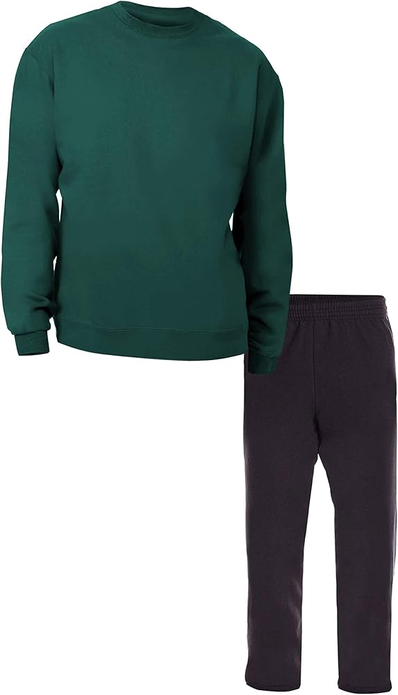 dark green crew sweatshirt with black fleece pants set