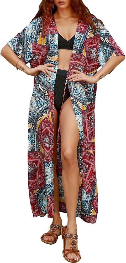 AILUNSNIKA Women Open Front Bathing Suit Cover Ups Long Print Kimono Cardigan