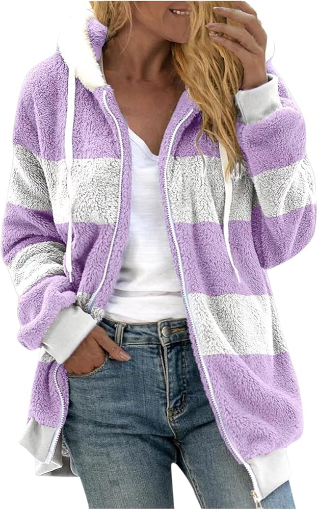 Womens Winter Coats Sherpa Fleece Jacket Fuzzy Zip Up Hoodie Drawstring Long Sleeve Tops Dressy Casual Warm Outwear