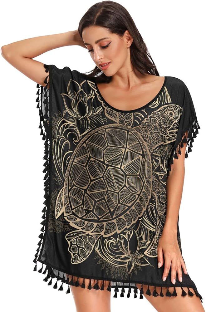 Gold Sea Turtle Swimsuit Coverup for Women Plus Women's Bathing Suit Cover Ups for Swimwear Bikini Beachwear,S