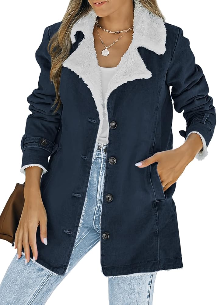 Dokotoo Womens Winter Warm Jean Jacket Stand Collar Wool Liner Sherpa Denim Coats Thicker Outerwear with Pockets