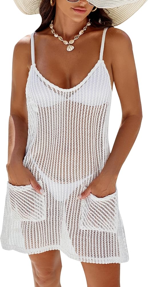 Blooming Jelly Womens Crochet Swimsuit Coverups Bathing Suit Swim Cover Up Spaghetti Straps Beach Dresses with Pockets