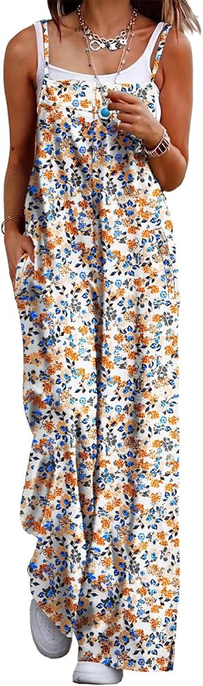 YESNO Women's Summer Boho Casual Jumpsuits Wide Leg Overalls Floral Print Baggy Rompers with Pocket PZZCR