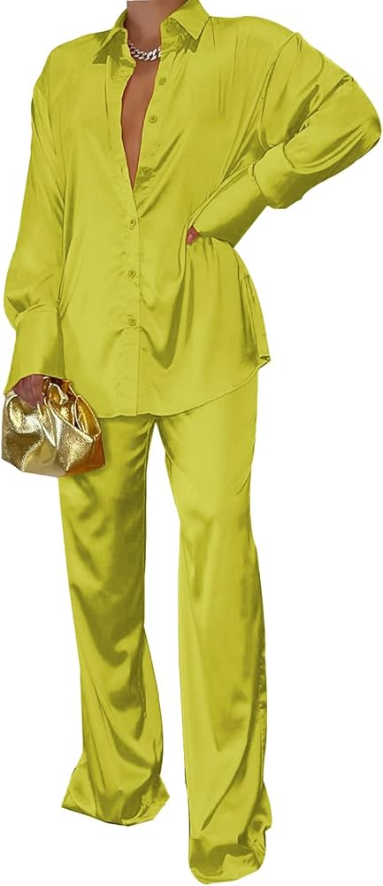 Womens Satin Two Piece Outfits Casual Loose Button Shirt Blouse Top Wide Leg Long Pants Set Shinny Jumpsuits Rompers