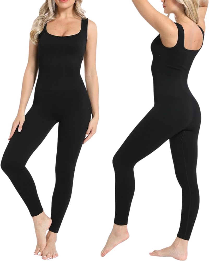 Soo slick Jumpsuits for Women - Tummy Control Square Neck Ribbed Sleeveless | Shapewear Rompers One Piece Workout Clothes