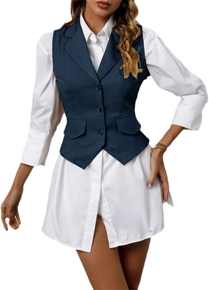 Women's Vest with Pockets Suit Vest Casual Sleeveless Jacket Summer Vest Lapel Formal Waistcoat