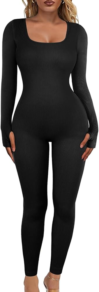 Women's Yoga Long Sleeve Jumpsuit with Tummy Control Workout Ribbed Bodysuit Square Neck Bodycon