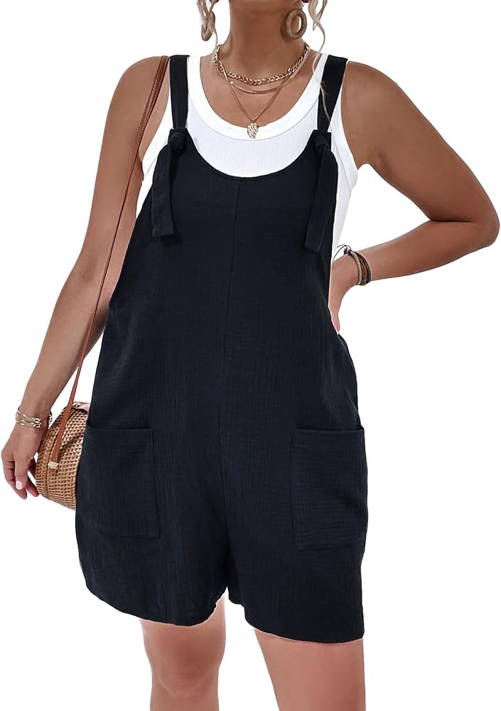 SOLY HUX Women's Plus Size Knot Straps Sleeveless Overall Romper Short Jumpsuit with Pockets