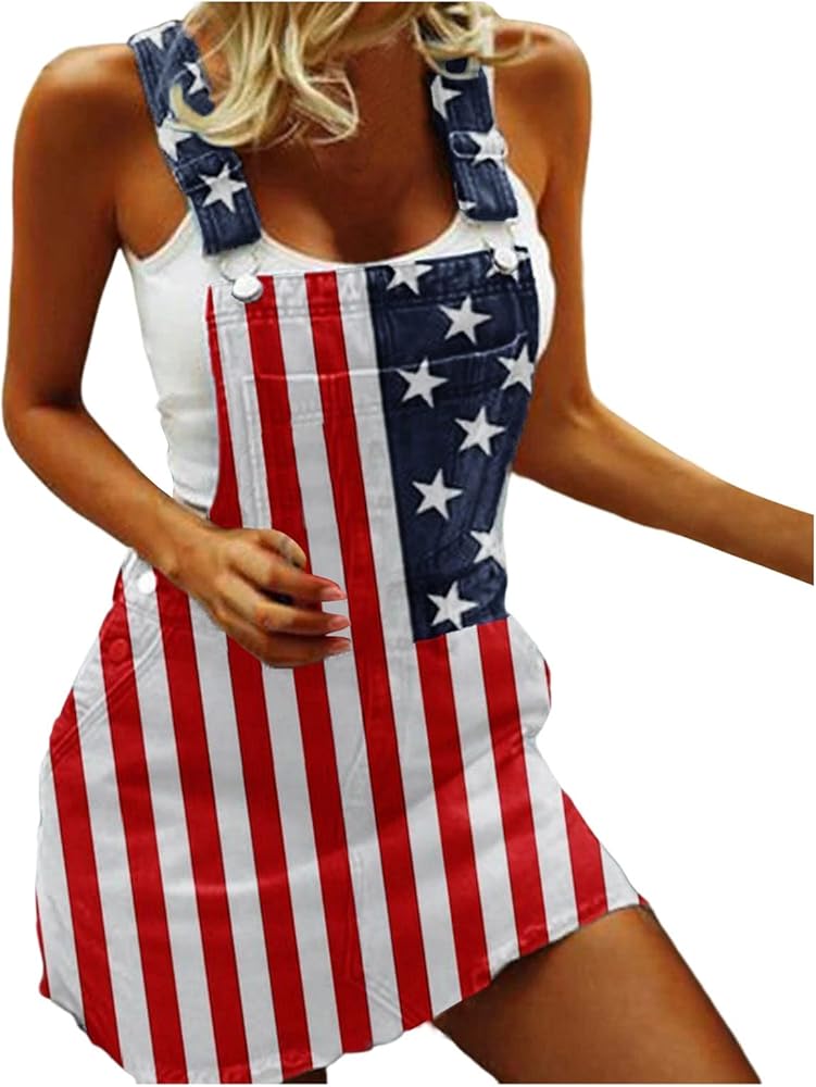 Women's America Flag Denim Overall Dress Casual Rompers Bibs Adjustable Strap Jumpsuits 4th of July Patriotic Skirts