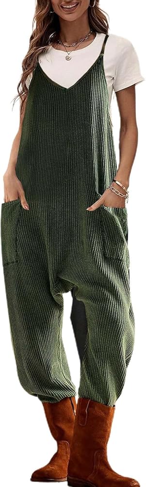 Women's Sleeveless Jumpsuits Spaghetti Strap Waffle Knit Baggy Overalls Long Pants with Pockets