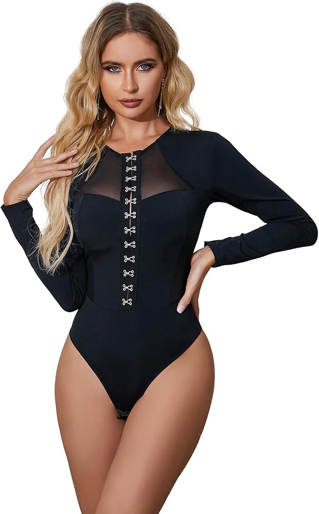 ohyeah Long Sleeve Lace Bodysuit for Women Black Crew Neck Basic Bodysuit Top Plus Size Sexy Bodysuit Shirts