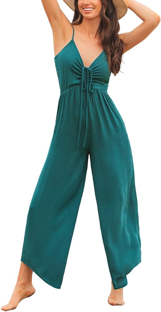 CUPSHE Women's Loose Overalls Jumpsuits Sleeveless V Neck Wide Leg Long Pant Rompers With Pockets Beach Vacation Outfits