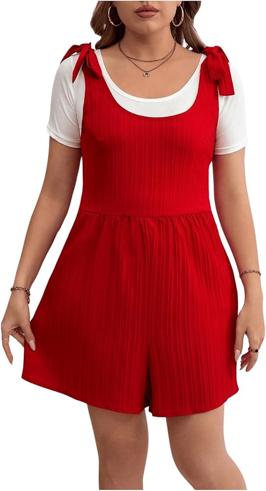 MakeMeChic Women's Plus Size Summer Tie Shoulder Romper Sleeveless Textured Shorts Jumpsuits Overalls