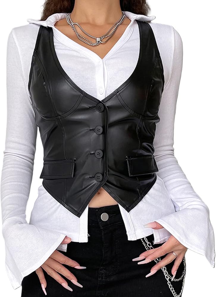 Women PU Leather Button Down Crop Blazer Vest Halter Dressy Punk Corset Top V-Neck Sleeveless Y2K Waistcoat Jacket