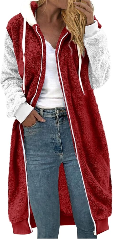 Oversized Hooded Jackets For Women Fuzzy Color Block/Solid Faux Fur Cardigan Coat Warm Winter Long Outerwear