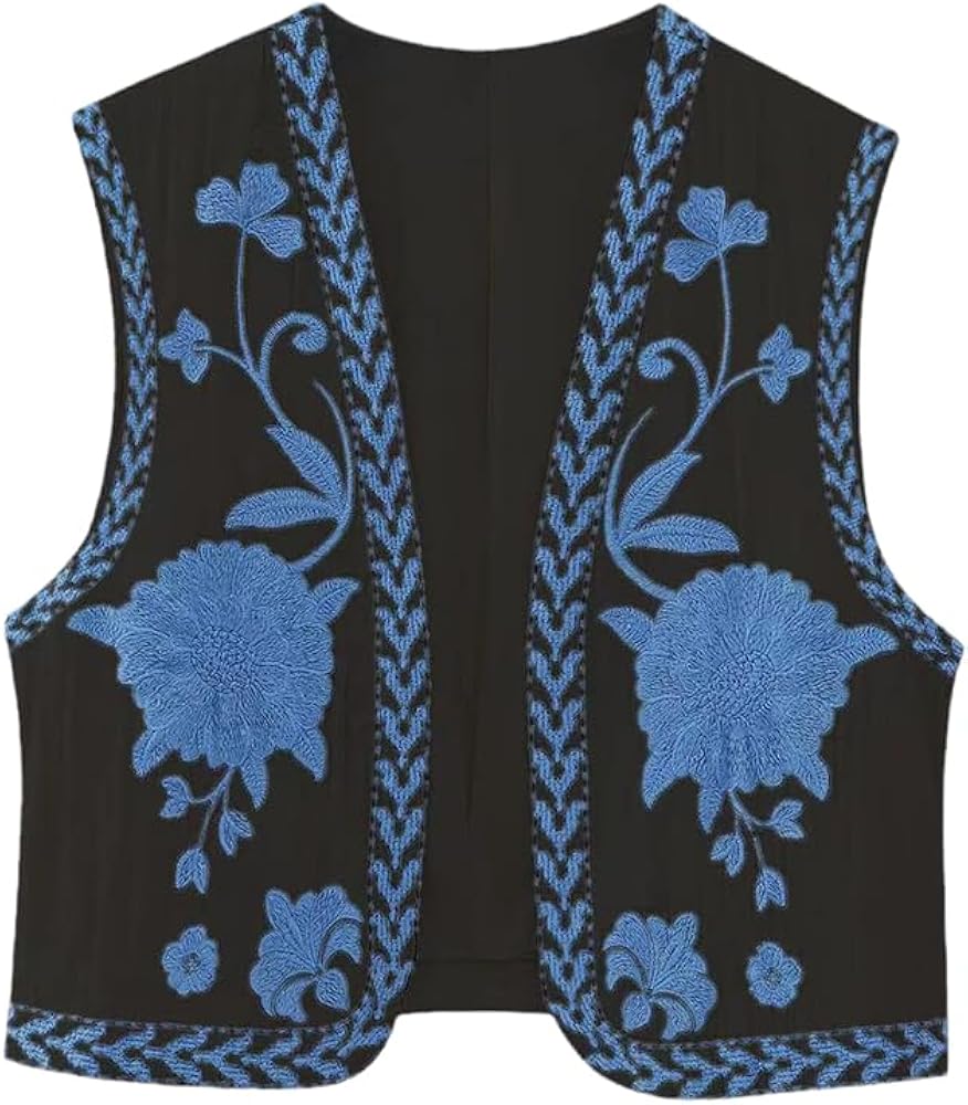 Women Vintage Floral Embroidered Open Waistcoat Ladies National Style Vest Jacket Outfits Casual Crop Top