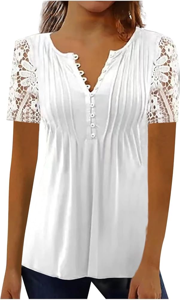 Women's Lace Splicing Short Sleeve Shirts Dressy Casual Tops V Neck Floral Print Boho Tee Shirt Summer Tunics Blouse