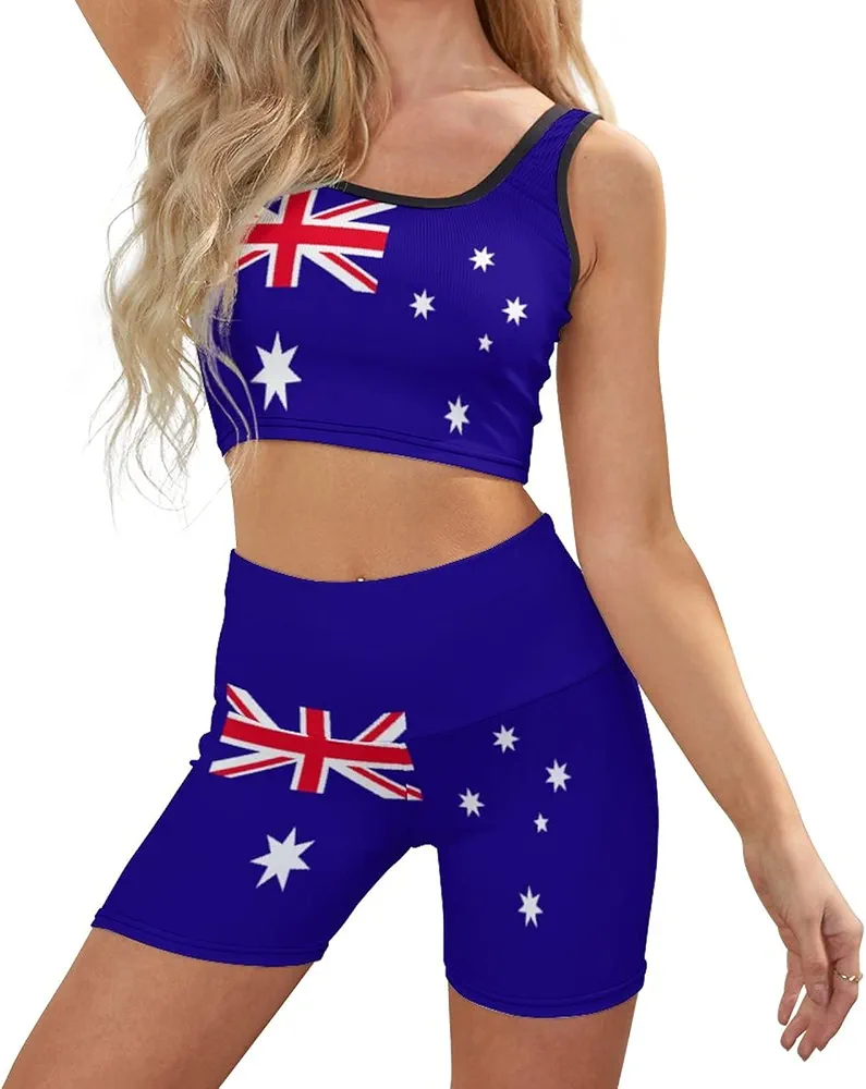 Women's Workout Sets Tank 2 Piece Australia Flag High Waist Gym Outfit Summer Yoga Shorts Sets L