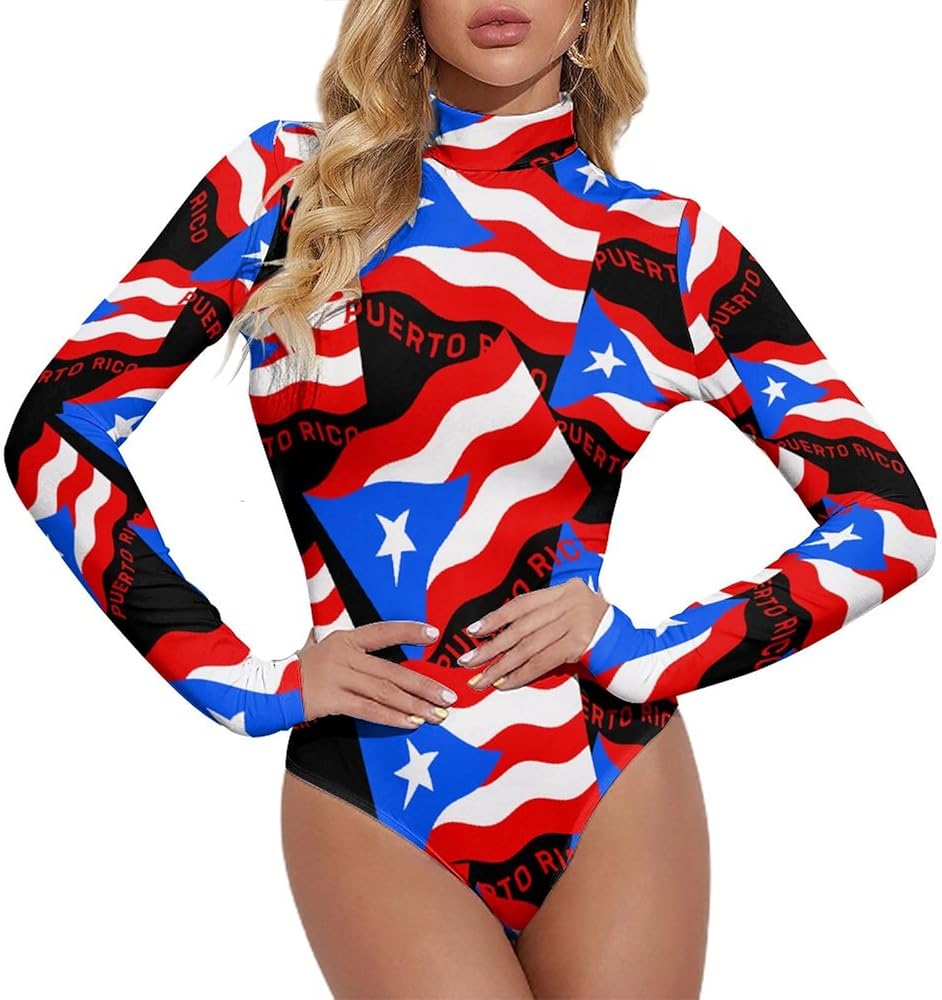 Puerto Rico Flag Women's Bodysuit Tops Turtle Neck Long Sleeve Jumpsuit Print T Shirt