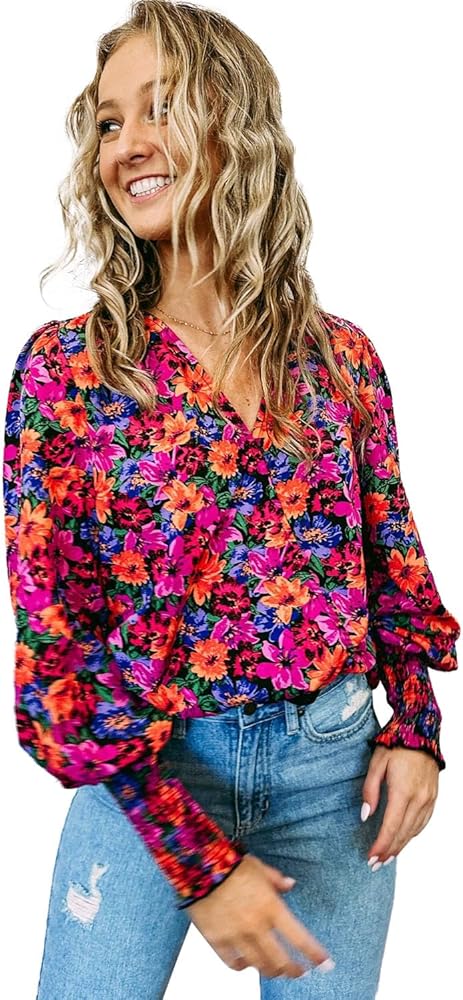 Women's Chic Floral Print Wrap V Neck Long Sleeve Bodysuit