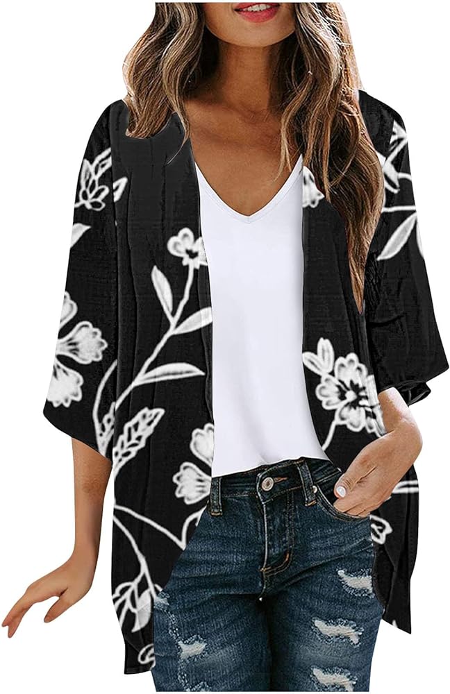 Womens Open Front Cardigans Lightweight Summer Boho Flowy Swimsuit Coverup Beach 3/4 Sleeve Floral Print Tops 2024