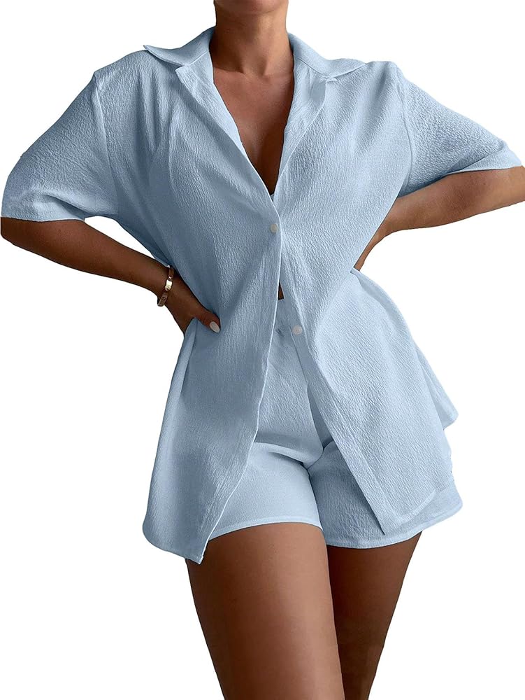 Milumia Women's 2 Piece Coverup Sets Short Sleeve Top and Shorts Cover Ups Beachwear