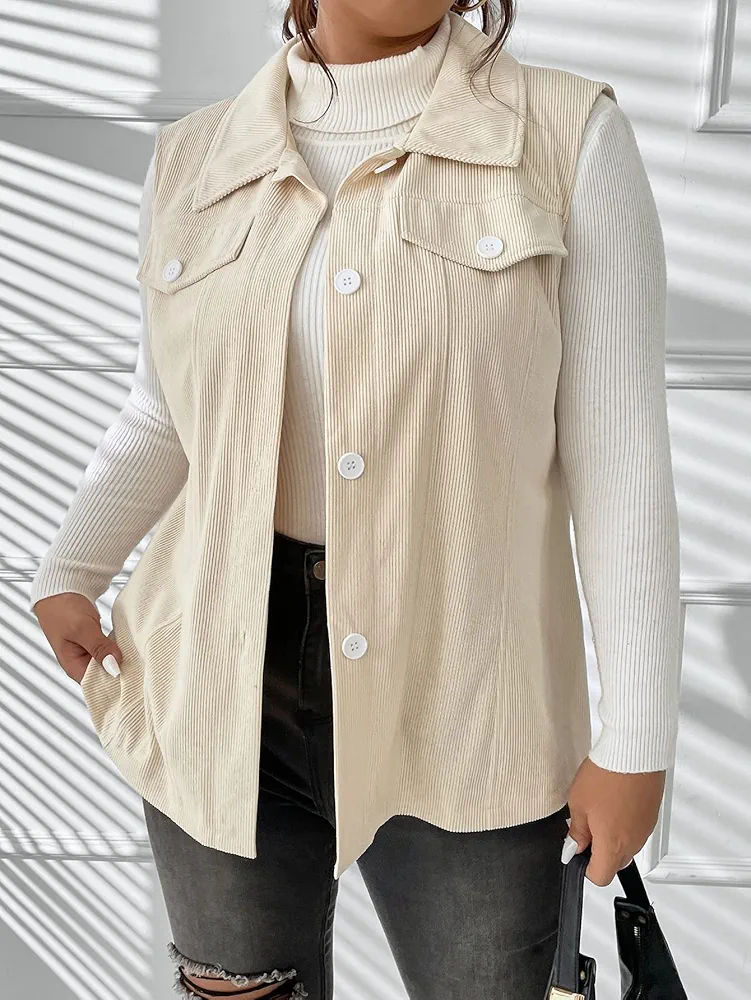 Plus Size Womens Jackets Plus Flap Detail Corduroy Vest Coat Plus Size Jackets (Color : Apricot, Size : X-Large)