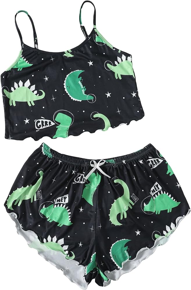 WDIRARA Women's 2 Piece Sleepwear Cartoon Dinosaur Print Sleeveless Cami Top and Short Pajama Set