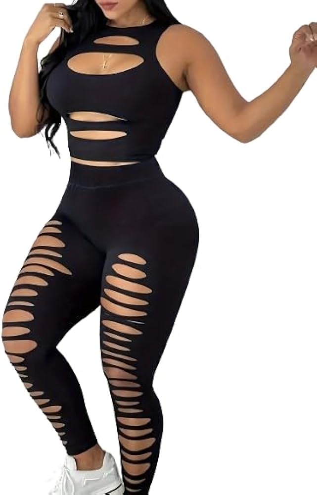 Women Solid Ripped Two-Piece Set, Crew Neck Sleeveless Short Tank Top & High Waist Slim Pants Outfits