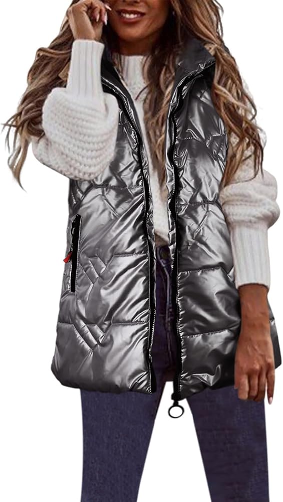 Women Insulated Shiny Lightweight Puffer Vest Sleeveless Winter Coat Padded Down Jacket Zip Metallic Outerwear