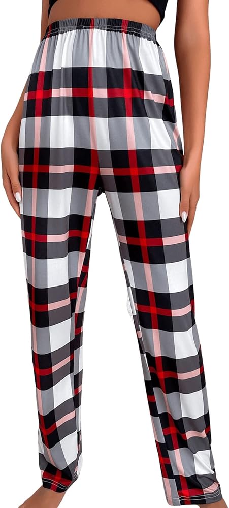 SweatyRocks Women's Sleepwear Plaid Print Pajama Pants Elastic Waist Lounge Pants