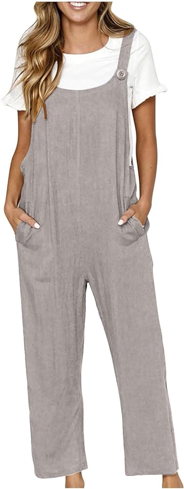 Linen Jumpsuits for Women Solid Wide Leg Jumpsuit Loose Fitting Overalls Jumpsuit Summer Womens Causal Overalls