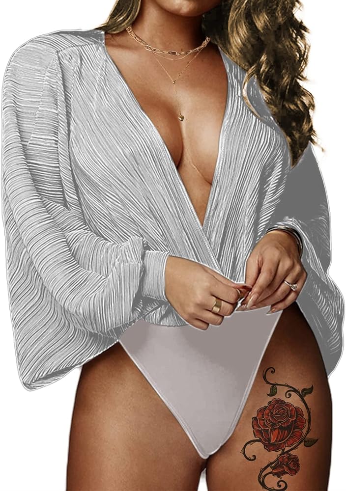 Hilinker Women's Sexy Deep V Neck Long Sleeve Bodysuit Loose Pleated Leotard Tops