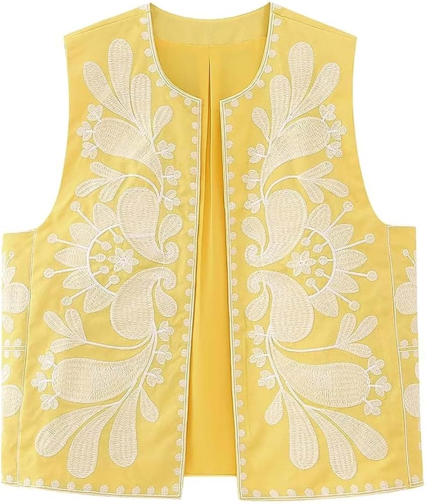 Women Embroidery Flower Vest Top Vintage Sleeveless Open Front Cardigan Outwear Boho Floral Graphic Gilet Waistcoats