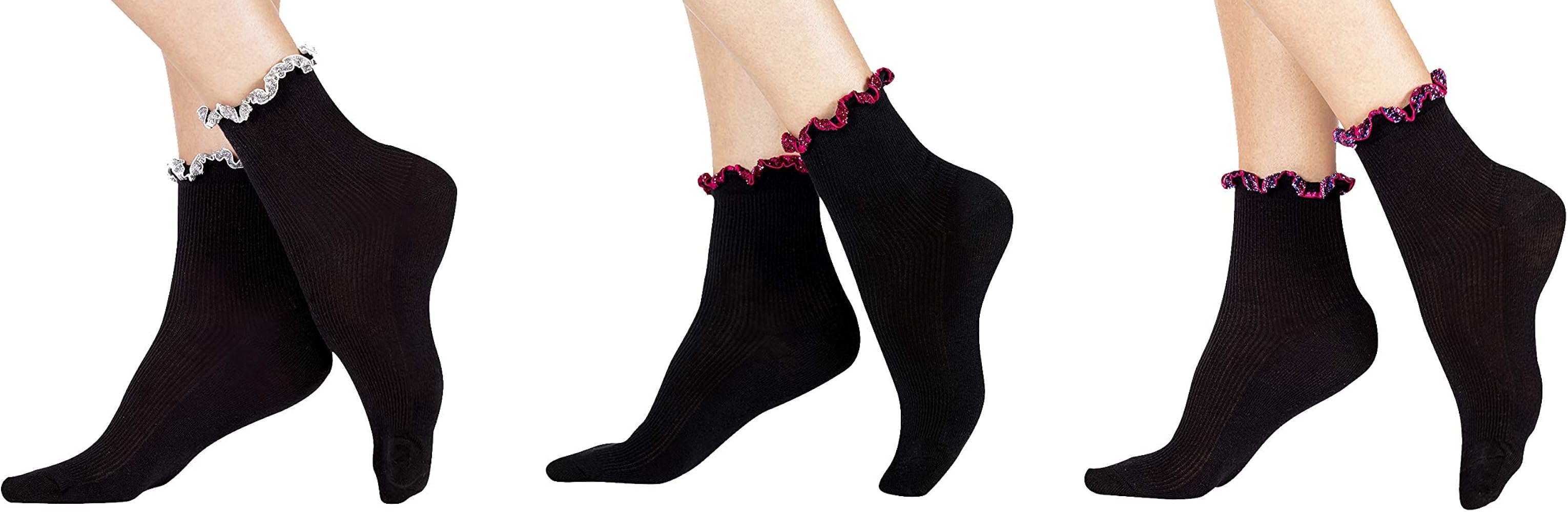 Badgley Mischka Ladies Fashion Black Cotton Crew Socks with Assorted Color Ruffle in Silver, Red, Blackberry, Black/Assorted Ruffle, One Size, Pack of 3