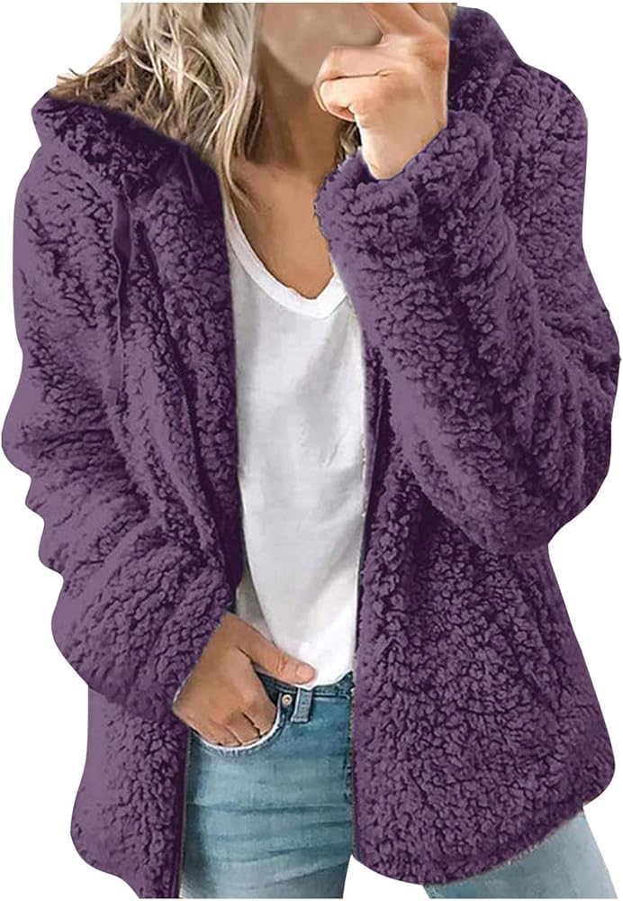 YRAETENM Womens Fall Winter Fleece Jackets Long Sleeve Fuzzy Shaggy Teddy Coats Zip Up Long Sleeve Casual Jacket Outerwear