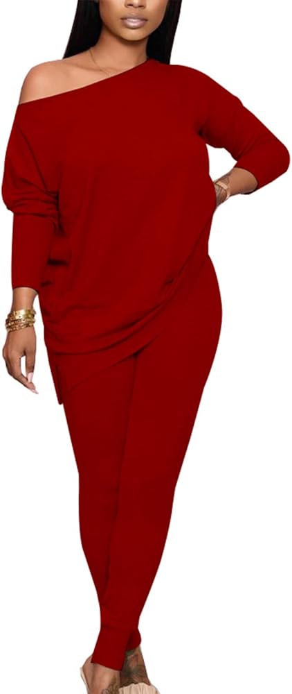 Women's 2 Piece Outfit Sets Casual Long Sleeve T-Shirts Biker Pants Set Red