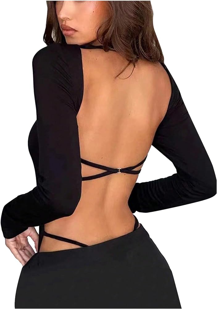 GORGLITTER Women's Sexy Criss Cross Backless Leotard Top Square Neck Long Sleeve Bodysuit